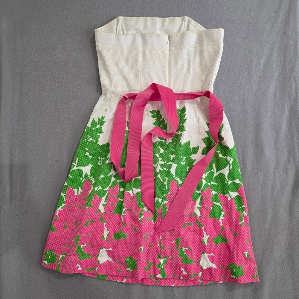 Lilly Pulitzer Strapless Seersucker Dress Pink Green Floral Mini Size 4 Preppy
